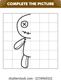 Education game for children complete the picture of cute cartoon halloween voodoo doll half outline for drawing printable worksheet