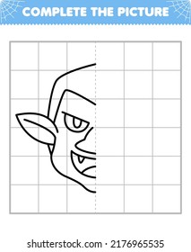 Education game for children complete the picture of cute cartoon halloween dracula head half outline for drawing printable worksheet