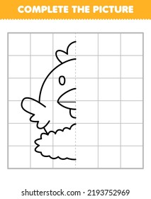 Education game for children complete the picture of cute cartoon chicken in the nest half outline for drawing printable farm worksheet