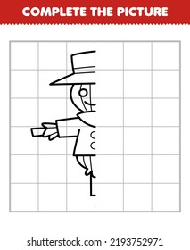 Education game for children complete the picture of cute cartoon scarecrow half outline for drawing printable farm worksheet