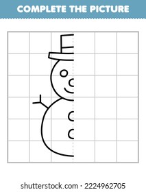 Education game for children complete the picture of cute cartoon snowman half outline for drawing printable winter worksheet