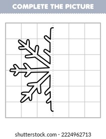 Education game for children complete the picture of cute cartoon snowflake half outline for drawing printable winter worksheet