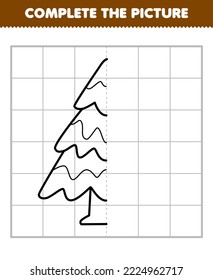 Juego de educación para niños completa la imagen de la mitad del contorno del pinar de dibujos tiernos para dibujar una hoja de cálculo imprimible en invierno
