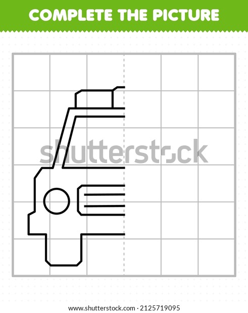 Education game for children\
complete the picture cute transportation police car half outline\
for drawing