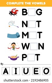 Education game for children complete the vowels of cute cartoon bug net mat win pot illustration printable worksheet