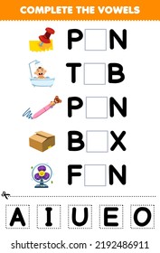 Education game for children complete the vowels of cute cartoon pin tub pen box fan illustration printable worksheet