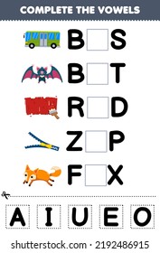 Education game for children complete the vowels of cute cartoon bus bat red zip fox illustration printable worksheet