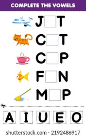 Education game for children complete the vowels of cute cartoon jet cat cup fin mop illustration printable worksheet