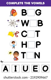 Education game for children complete the vowels of cute cartoon bag web cut hop tan illustration printable worksheet