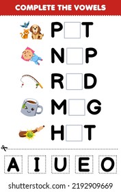 Education game for children complete the vowels of cute cartoon pet nap rod mug hot illustration printable worksheet