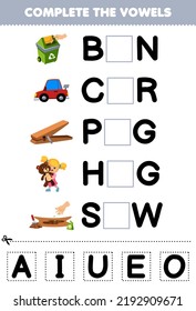 Education game for children complete the vowels of cute cartoon bin car peg hug sow illustration printable worksheet