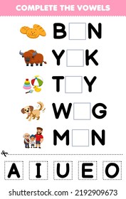 Education game for children complete the vowels of cute cartoon bun yak toy wag men illustration printable worksheet