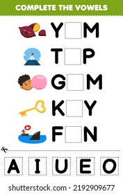 Education game for children complete the vowels of cute cartoon yam top gum key fin illustration printable worksheet