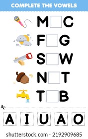 Education game for children complete the vowels of cute cartoon mic fog saw nut tab illustration printable worksheet