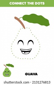 Education game for children connect the dots handwriting practice with cute cartoon fruit guava character