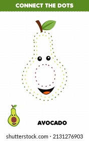 Education game for children connect the dots handwriting practice with cute cartoon fruit avocado character