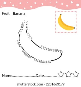 Education game for children connect the dots handwriting practice with cute cartoon fruit banana character