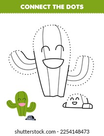 Education game for children connect the dots and coloring practice with cute cartoon cactus and rock printable nature worksheet