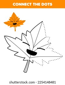 Education game for children connect the dots and coloring practice with cute cartoon maple leaf printable nature worksheet