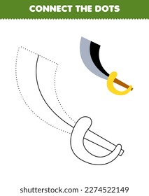 Education game for children connect the dots and coloring practice with cute cartoon sword printable pirate worksheet