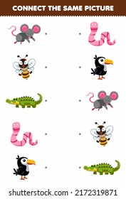 Education game for children connect the same picture of cute cartoon animal mouse bee crocodile worm toucan printable worksheet