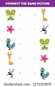Juego de educación para niños conecta la misma imagen de una tira cómica tierna rana animal pez estrella paloma mosquito de jirafa hoja de cálculo imprimible