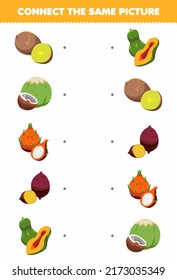 Education game for children connect the same picture of cartoon fruit and vegetable kiwi coconut dragon fruit yam papaya printable worksheet
