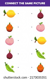 Juego de educación para niños conecta la misma imagen de dibujos animados de frutas y verduras de limón de limón de frutas de melocotón de hojas de cálculo imprimibles