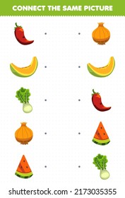 Education game for children connect the same picture of cartoon fruit and vegetable chilli melon lettuce onion watermelon printable worksheet