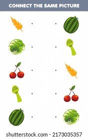 Erziehungsspiel für Kinder verbinden das gleiche Bild von Cartoon Obst und Gemüse Weizen Kohl Spargel Wassermelone druckbare Arbeitsblatt