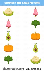 Education game for children connect the same picture of cartoon fruit and vegetable cauliflower cashew avocado pumpkin spinach printable worksheet