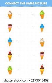Education game for children connect the same picture of cartoon food ice cream printable worksheet