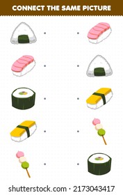 Education game for children connect the same picture of cartoon japanese food onigiri sushi dango printable worksheet