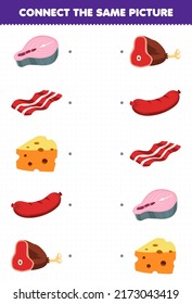 Education game for children connect the same picture of cartoon food salmon bacon cheese sausage beef printable worksheet