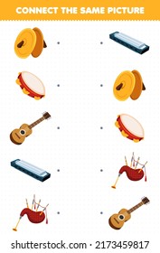 Education game for children connect the same picture of cartoon music instrument cymbals tambourine guitar harmonica bagpipes printable worksheet