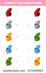 Education game for children connect the same picture of cartoon music instrument whistle printable worksheet