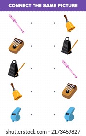 Education game for children connect the same picture of cartoon music instrument recorder kalimba bell whistle printable worksheet