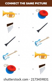 Education game for children connect the same picture of cartoon music instrument trumpet chimes clarinet bass castanet printable worksheet