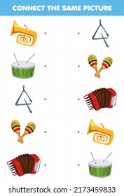 Education game for children connect the same picture of cartoon music instrument tuba drum triangle maracas accordion printable worksheet
