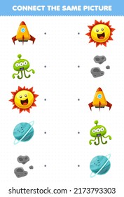 Education game for children connect the same picture of cute cartoon solar system rocket alien sun uranus asteroid printable worksheet