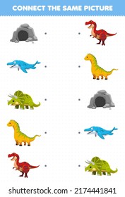 Education game for children connect the same picture of cute cartoon prehistoric dinosaur printable worksheet