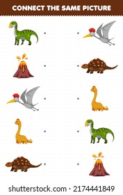Education game for children connect the same picture of cute cartoon prehistoric dinosaur printable worksheet