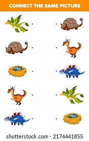 Education game for children connect the same picture of cute cartoon prehistoric dinosaur printable worksheet