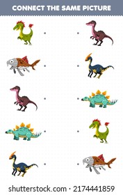 Juego de educación para niños conecta la misma imagen de una tierna caricatura prehistórica hoja de cálculo imprimible