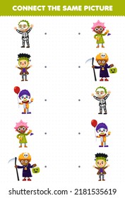 Education Game For Children Connect The Same Picture Of Cute Cartoon Skeleton Frankenstein Clown Scientist Costume Halloween Printable Worksheet