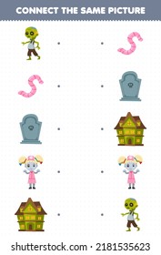 Education game for children connect the same picture of cute cartoon zombie worm tombstone spooky house halloween printable worksheet
