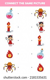 Education game for children connect the same picture of cute cartoon magic potion fire candle devil girl spider halloween printable worksheet