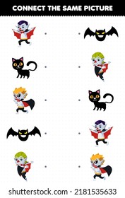 Education game for children connect the same picture of cute cartoon dracula black cat bat halloween printable worksheet