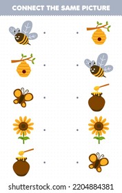 Education game for children connect the same picture of cute cartoon bee beehive butterfly sunflower honey printable farm worksheet