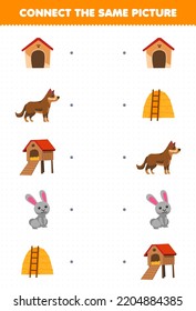 Education game for children connect the same picture of cute cartoon kennel dog hutch rabbit haystack printable farm worksheet